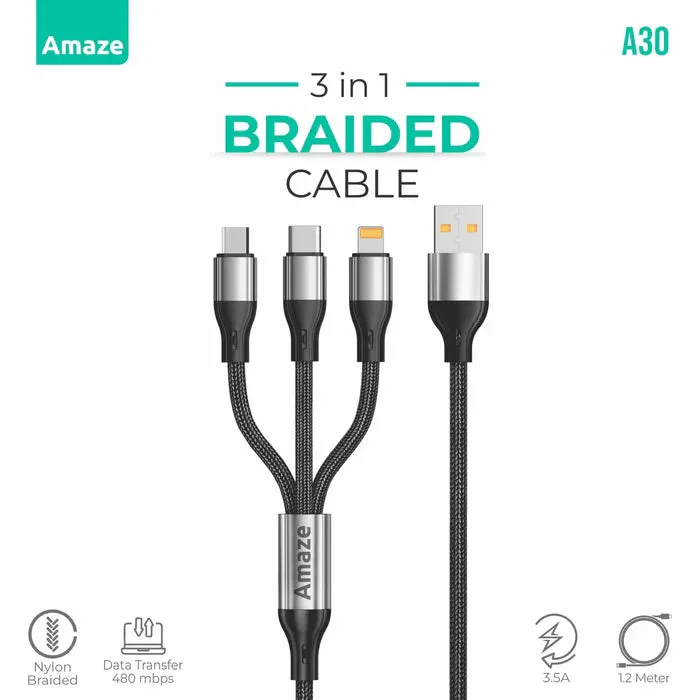 Grab It Now Today Only Hot Pick Amaze A30 3-In-1 Usb To Micro/Typec/Iphone Cable 3.5A 1.2M