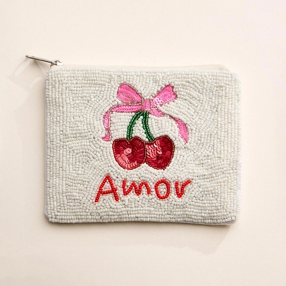 Amor Message Bow Cherry Beaded Mini Pouch Bag Today Only Savings Steal the Deal Now