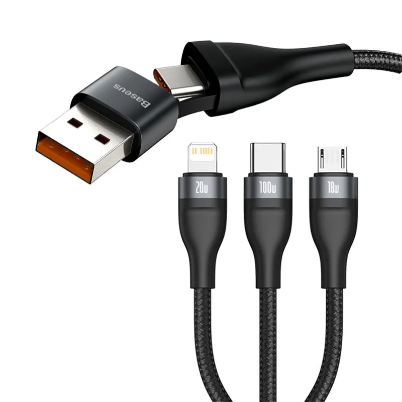 Surprise Offer Now Baseus 3In1 Usb / Usb Type C - Usb Type C / Lightning / Micro Usb Cable (5 A - 100 W / 20 W / 18 W) 1.2 M Power Delivery Quick Charge (Ca2T3-G1)