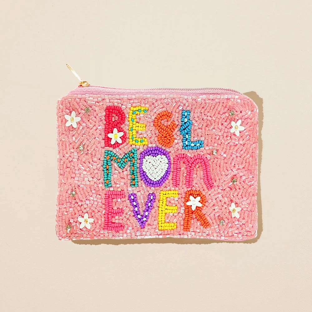 Best Mom Ever Message Seed Beaded Flower Sequin Embellished Mini Pouch Bag Todays Best Deal