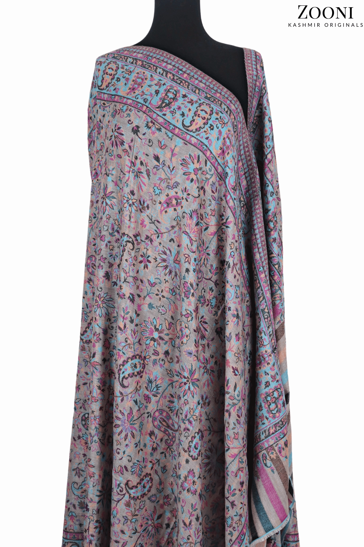 Superfine Pure Merino Kaani Jaamawar Shawl - Fountain Blue & Beige Unmissable Deal Today