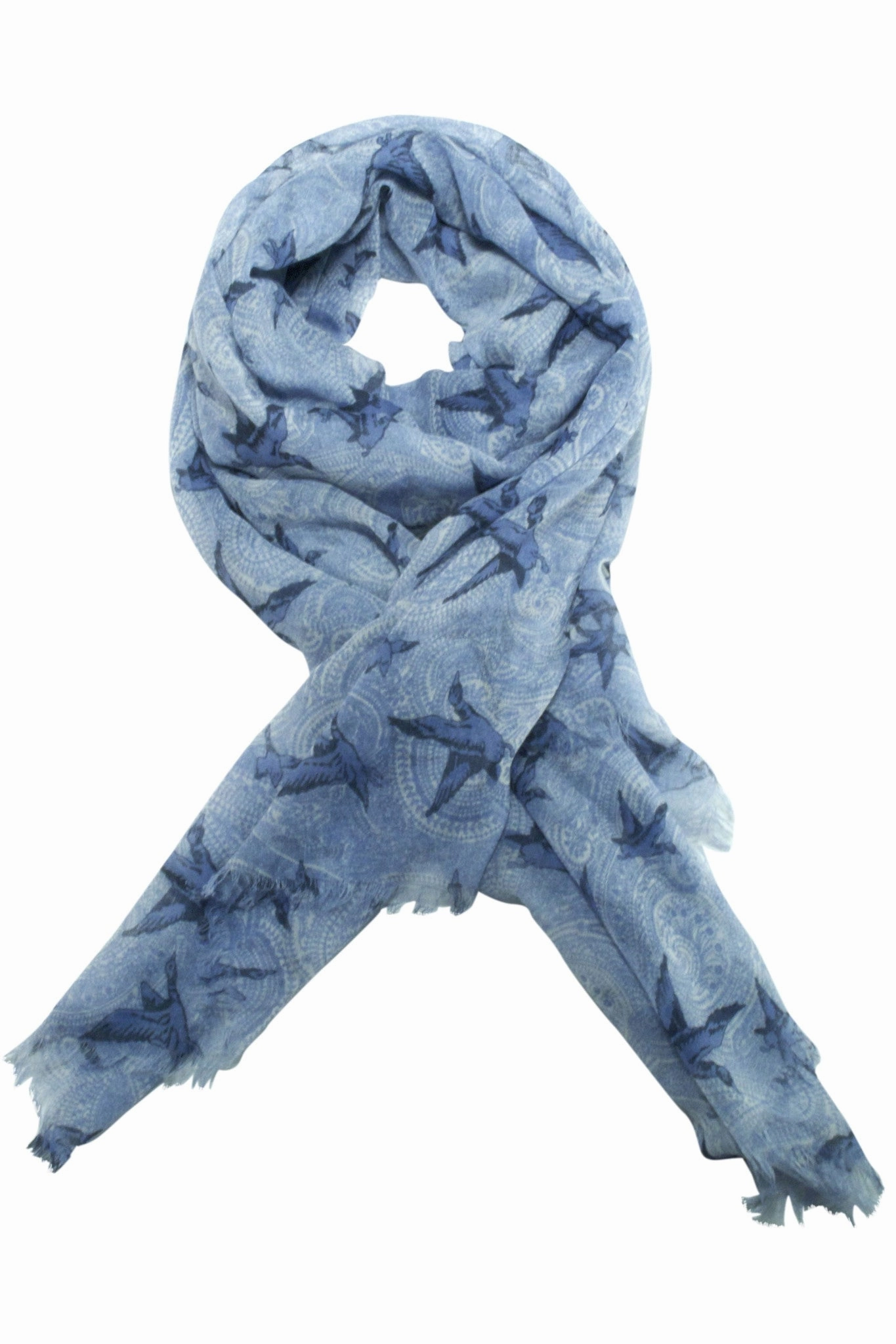 Clearance Event Alert Instant Savings Inside Paisley Scarf From Besos With Bird Motif In Grey / Blue