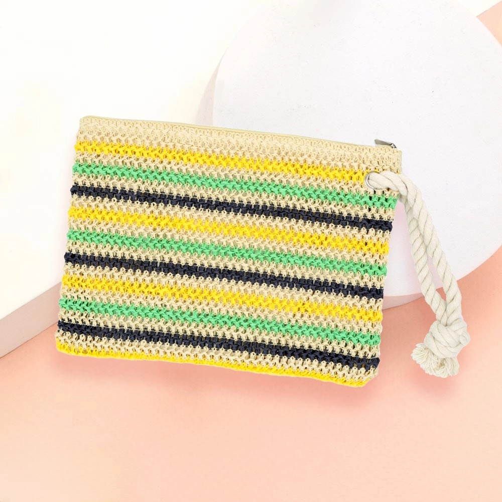 Rope Handle Multi Color Striped Straw Crochet Pouch Bag Hot Item Clearance