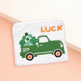 Lucky Message Sequin St Patricks Day Clover Truck Beaded Mini Pouch Bag Save Today Event Dont Miss Todays Deal