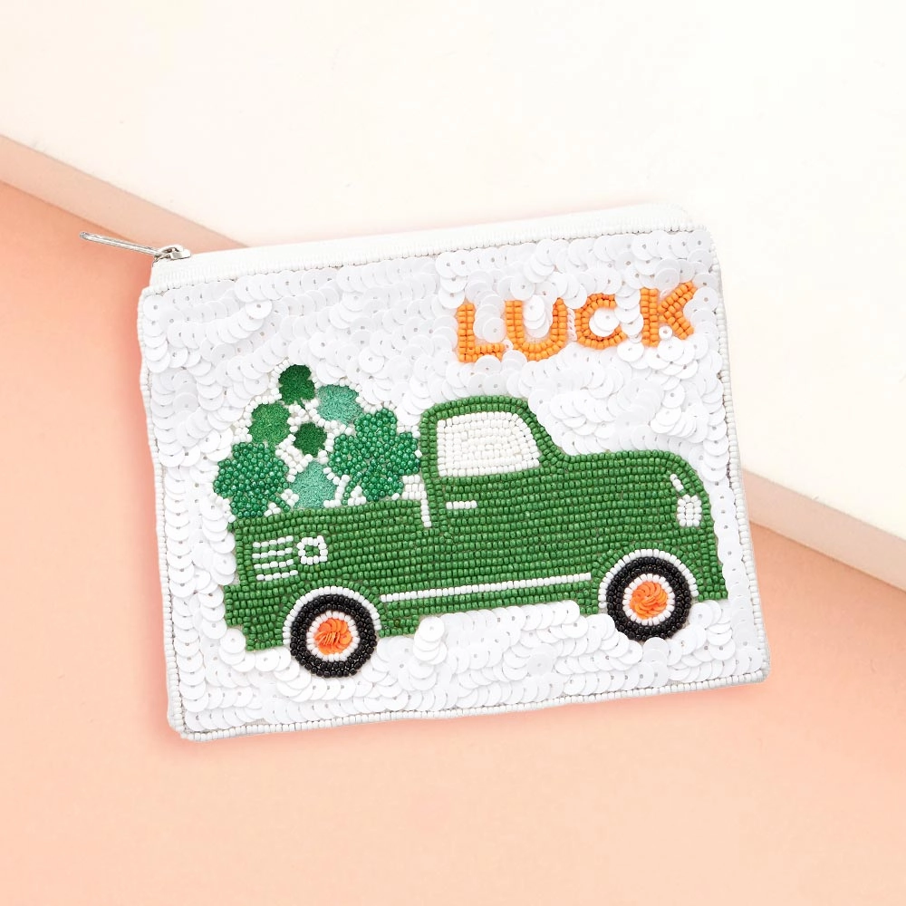 Lucky Message Sequin St Patricks Day Clover Truck Beaded Mini Pouch Bag Save Today Event Dont Miss Todays Deal