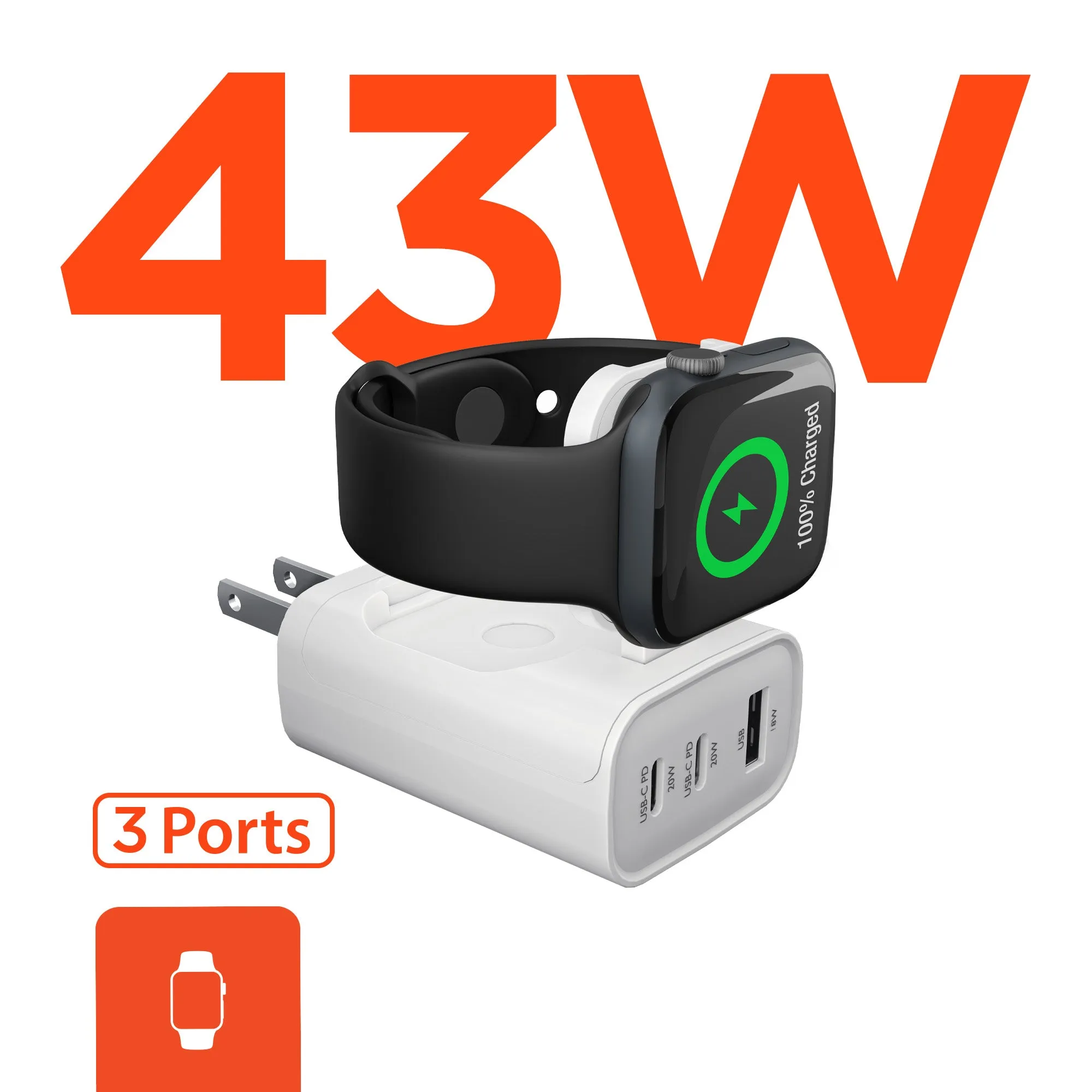 Hot Pick Deal Grab It Now Speedboost 43W Three-Port Usb-C Pd   Usb Fast Wall Charger With Built-In Apple Watch Charger | White