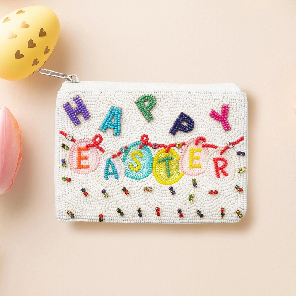 Trendy Picks Today Stone Embellished Happy Easter Message Seed Beaded Mini Pouch Bag