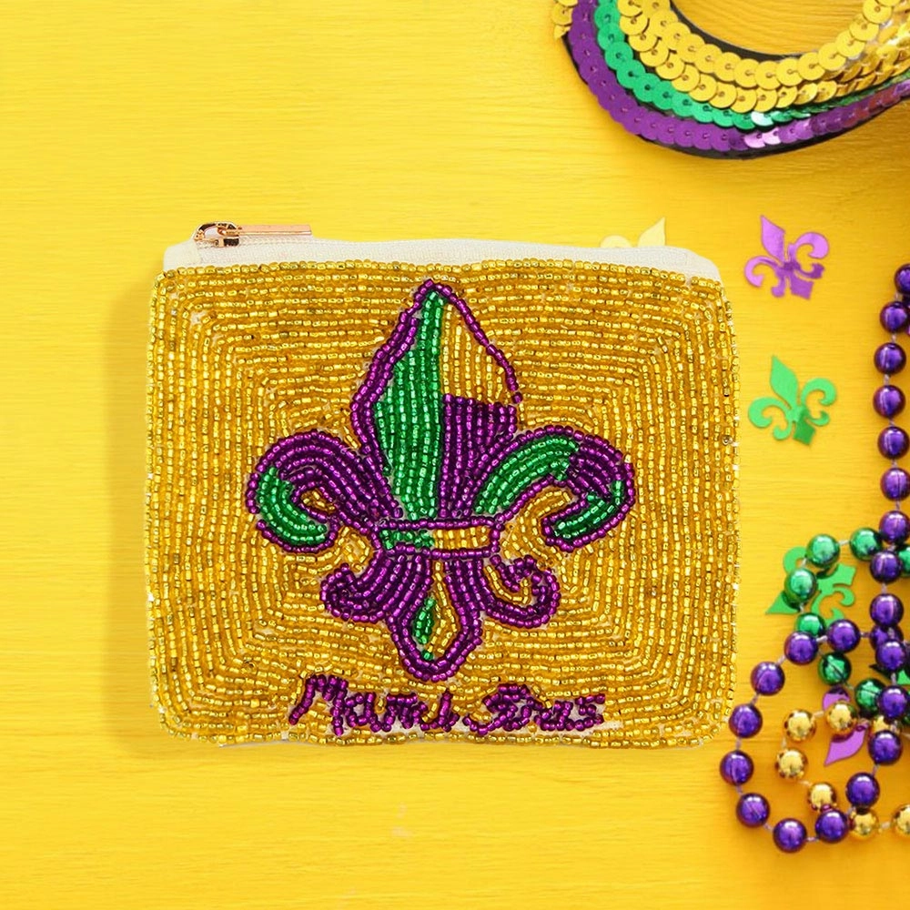 Gift Sale Event Big Hot Sale Fleur De Lis Mardi Gras Message Seed Beaded Mini Pouch Bag