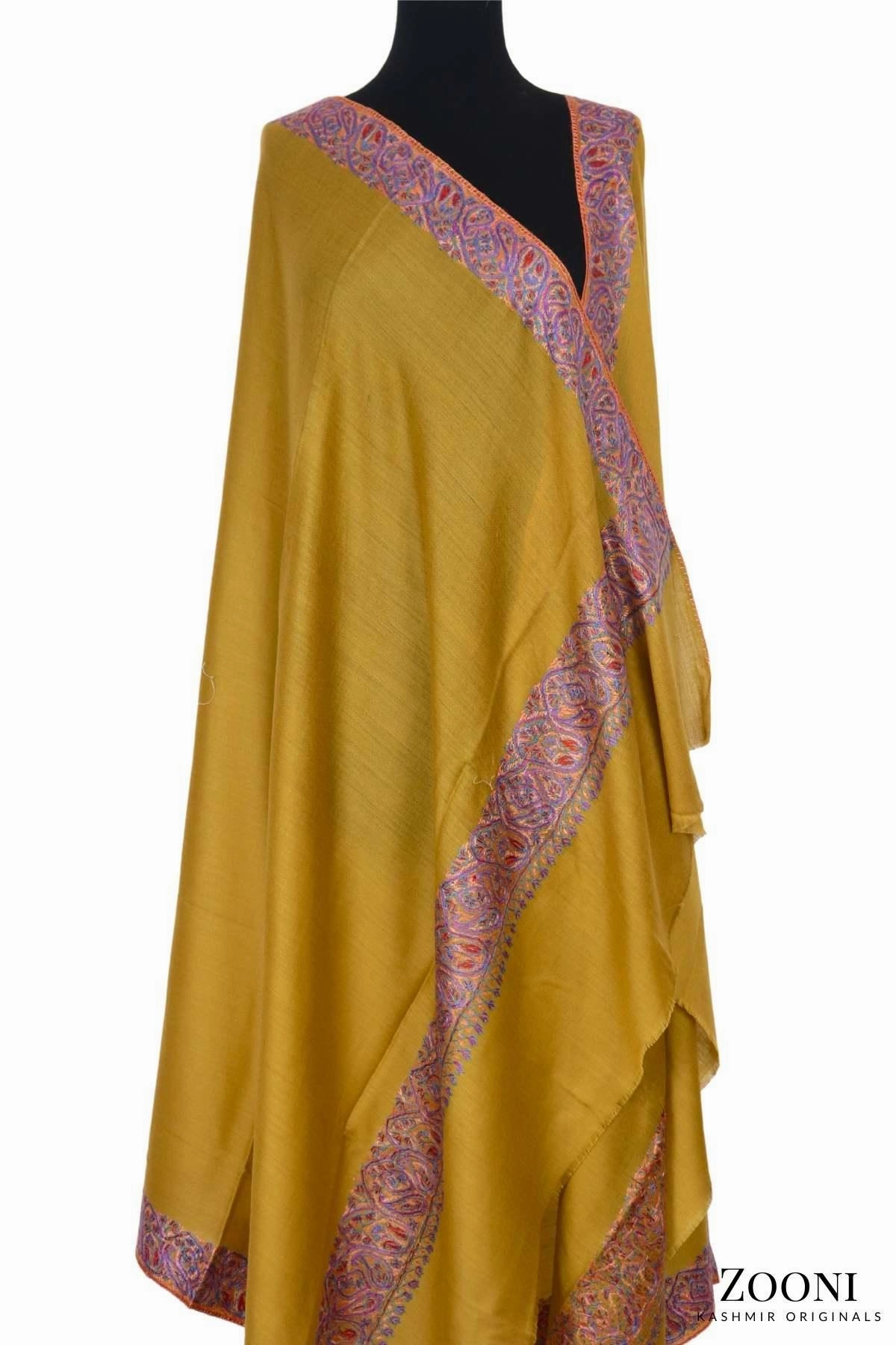 Hand Embroidered Kashmiri Doardar Shawl - Yellow Todays Best Deal Special Deals Online