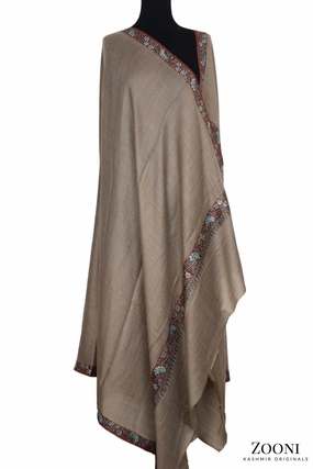 Hand Embroidered Kashmiri Hashia Shawl - Natural Brown Big Clearance Event