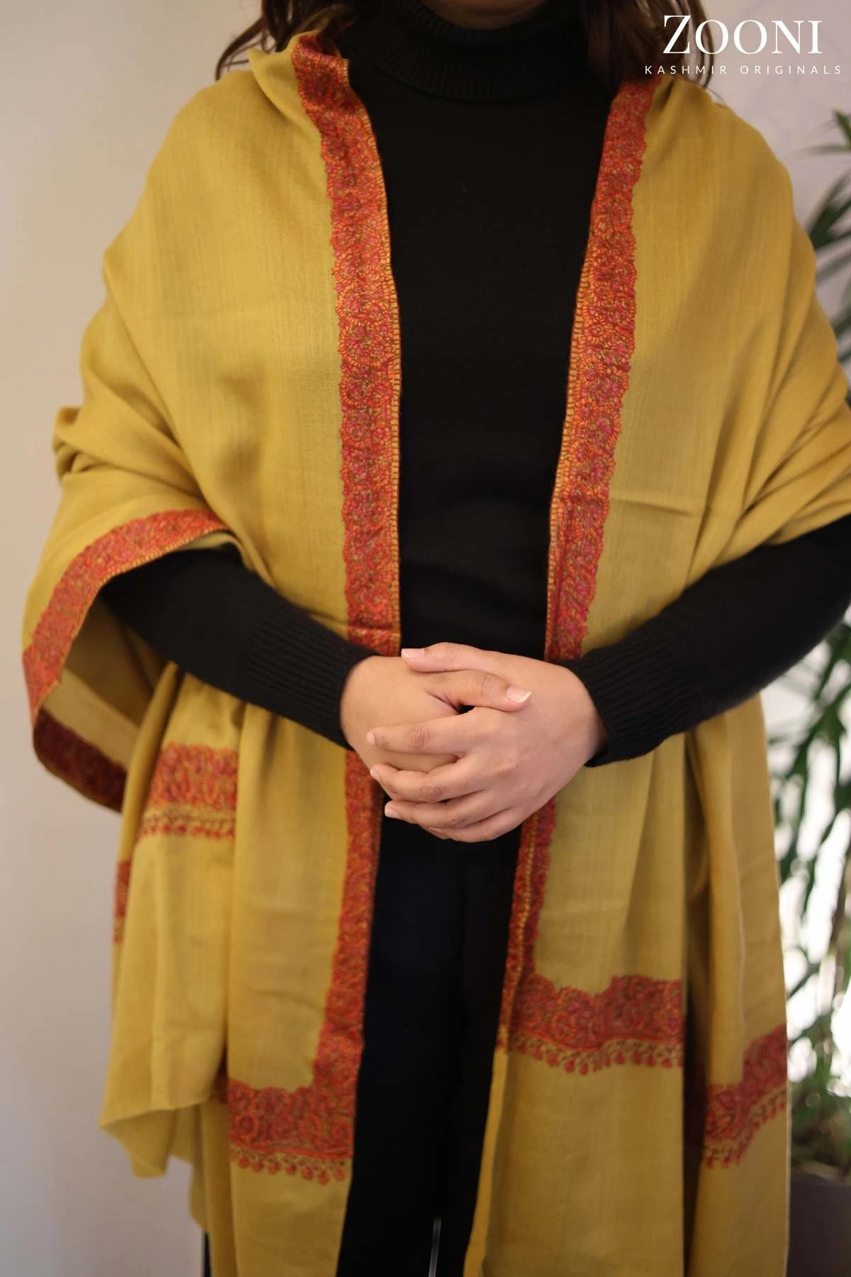 Flash Pick Today Hand Embroidered Kashmiri Neem Doar Shawl - Mustard
