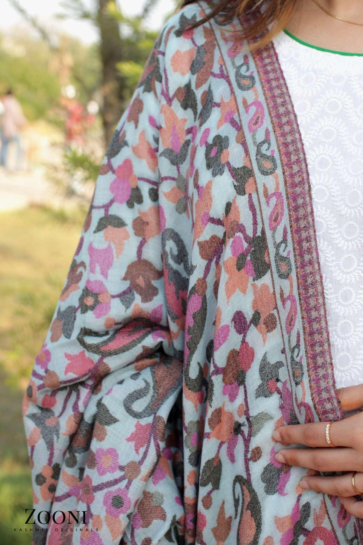 Superfine Pure Merino Kaani Jaamawar Shawl - Budding Blue Save Today Event
