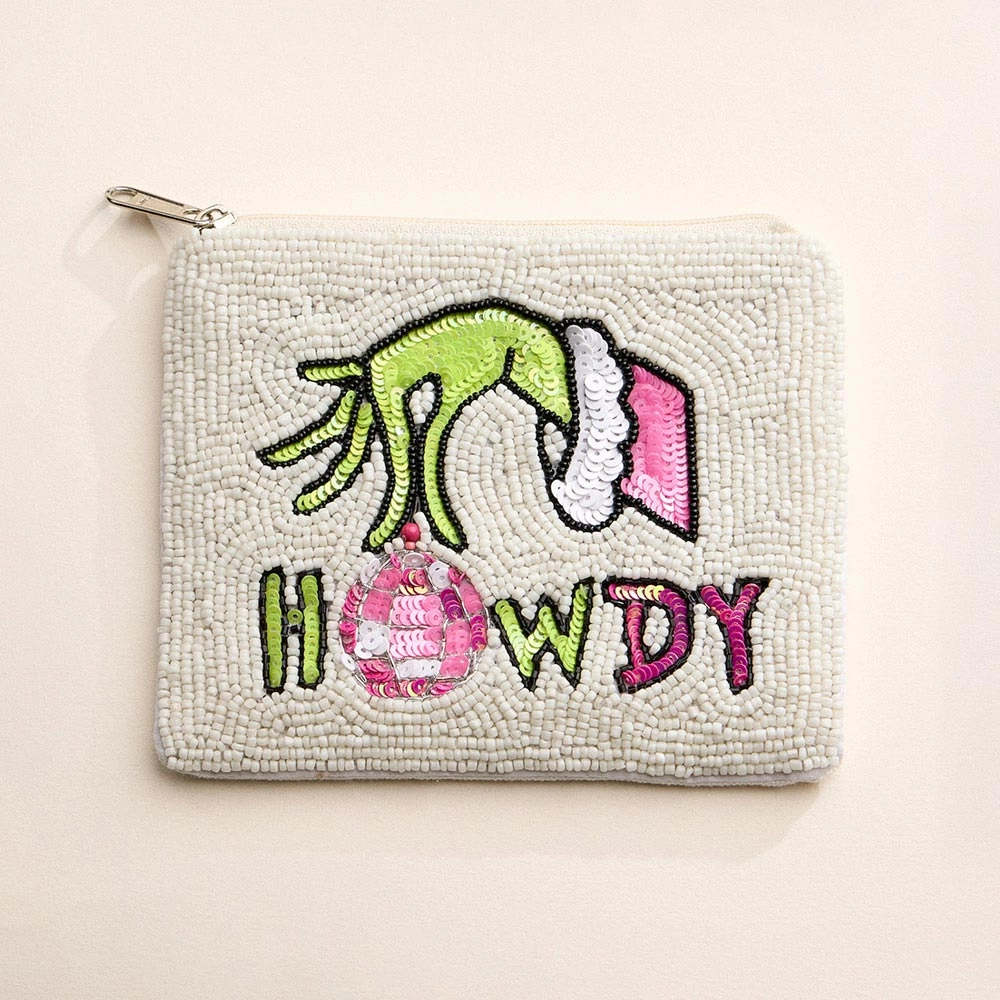 Howdy Message Christmas Green Monster Hand Seed Beaded Mini Pouch Bag Mega Discount Event Trending Hot Picks