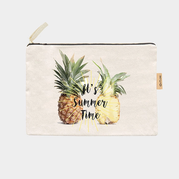 It'S Summer Time Message Pineapple Printed Cotton Canvas Eco Pouch Bag Trending Offer Today