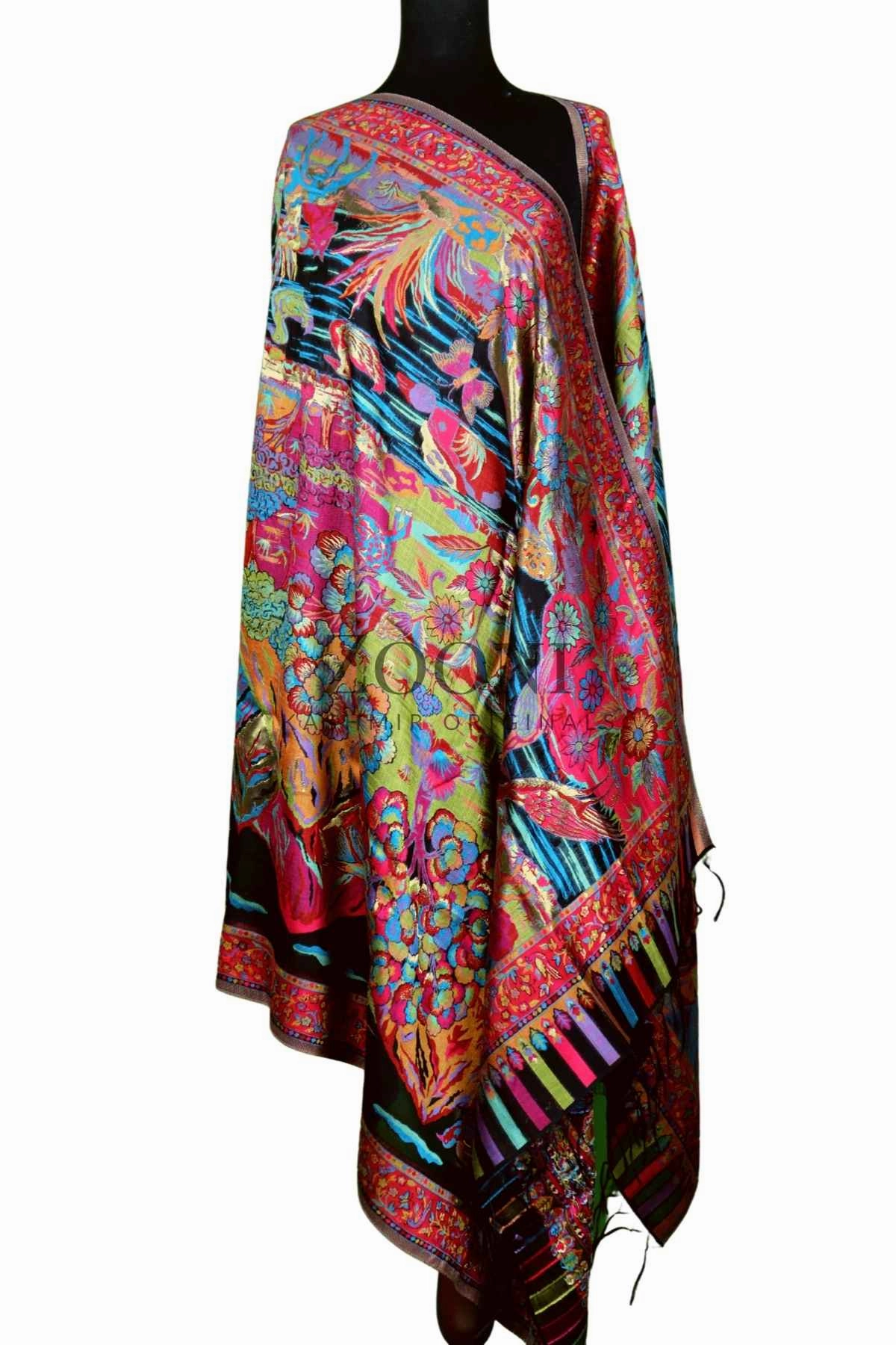 Clearance Savings Now Superfine Kaani Jaamawar Silk Summer Shawl - Forest Contrast