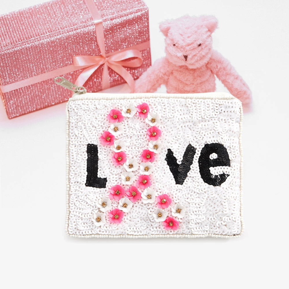 Love Message Sequin Flower Pink Ribbon Mini Pouch Bag Clearance Event Shop Hot Picks