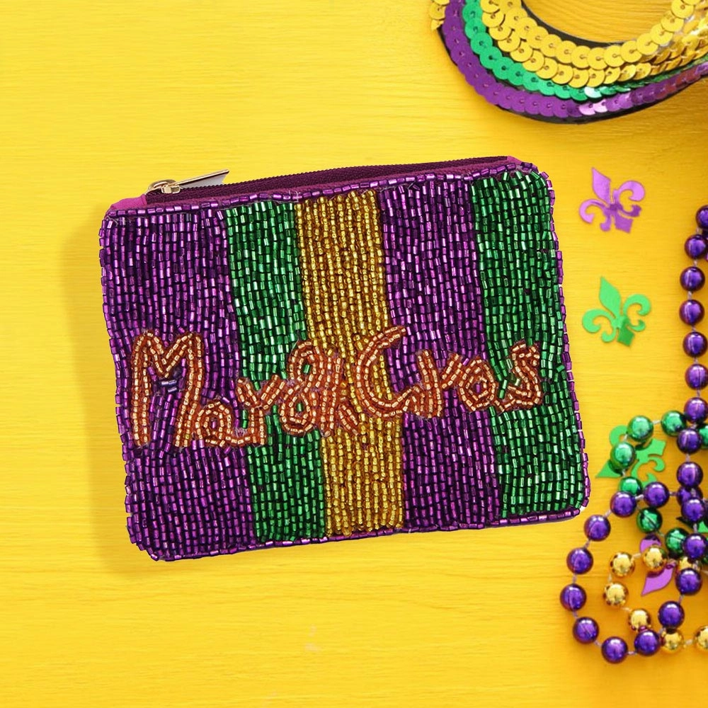 Shop the Best Deals Big Clearance Event Mardi Gras Message Seed Beaded Mini Pouch Bag