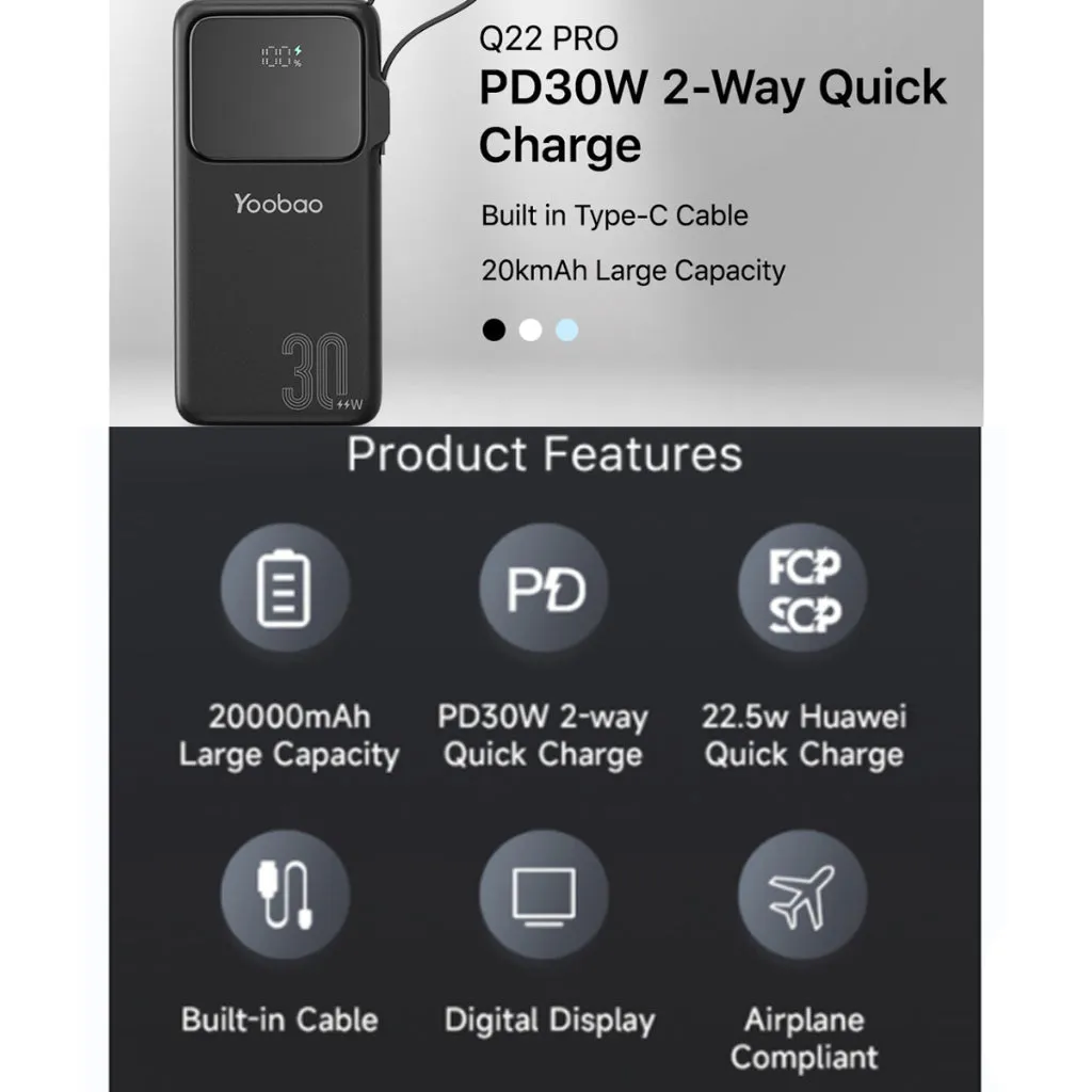 Yoobao Q22 Pro | Q22 20000Mah Digital Display With Built In Cable Powerbank Best Deal Today Surprise Offer Now