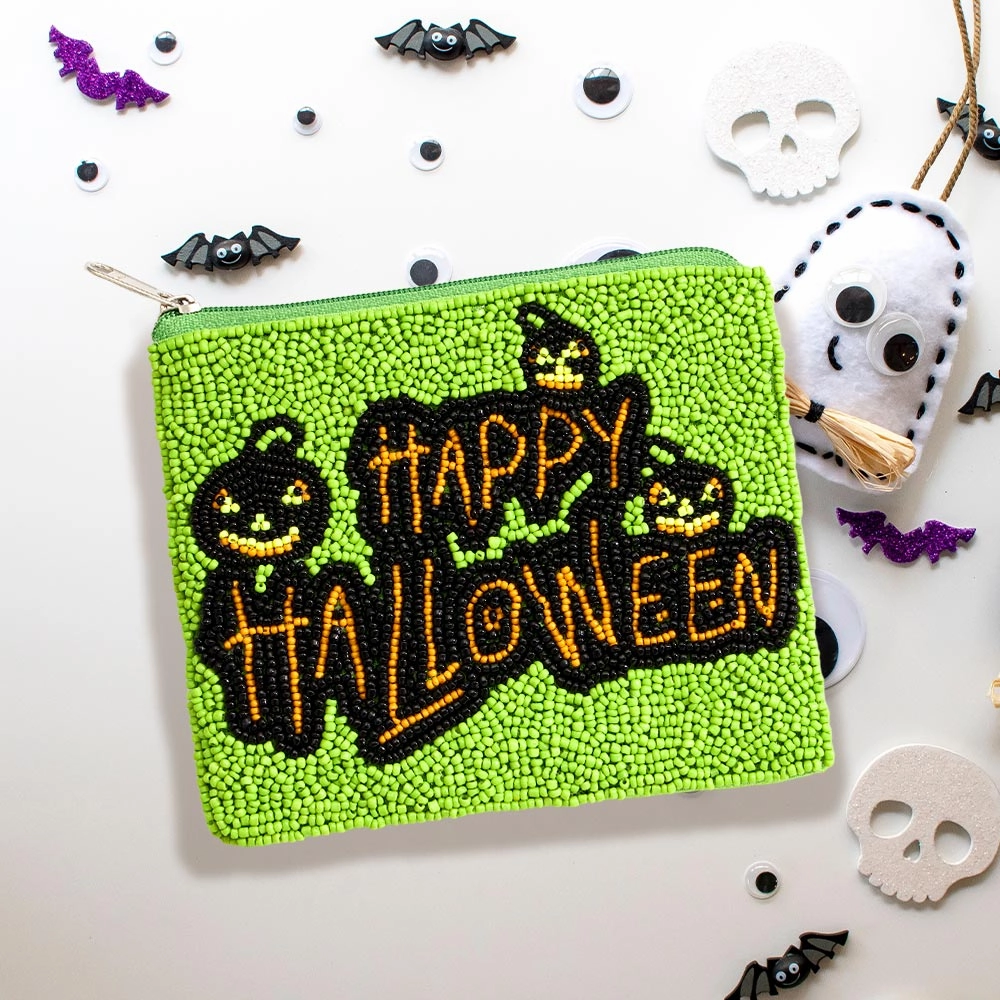 Happy Halloween Message Seed Beaded Halloween Mini Pouch Bag Todays Special Savings
