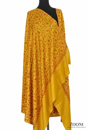 Special Price Offer Hand Embroidered Kashmiri Jaali Shawl - Mustard
