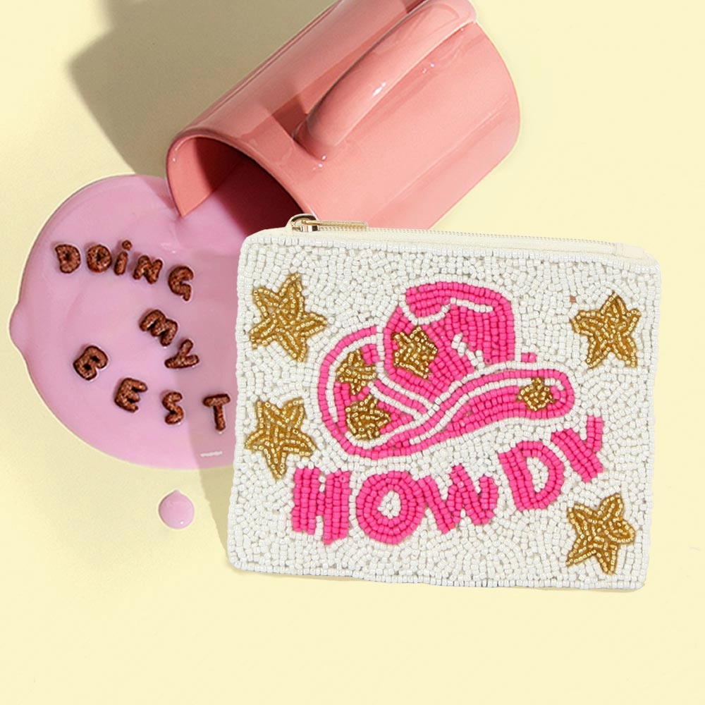 Biggest Savings Now Seed Beaded Howdy Message Cowboy Hat Star Accented Mini Pouch Bag