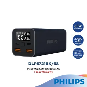 Philips 65W 20000Mah Smart Digital Display Powerbank (Dlp5721Bk) Todays Special Savings