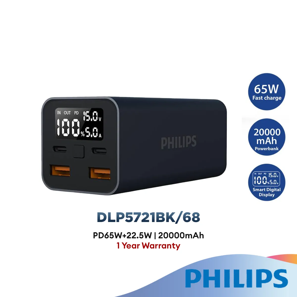 Philips 65W 20000Mah Smart Digital Display Powerbank (Dlp5721Bk) Todays Special Savings
