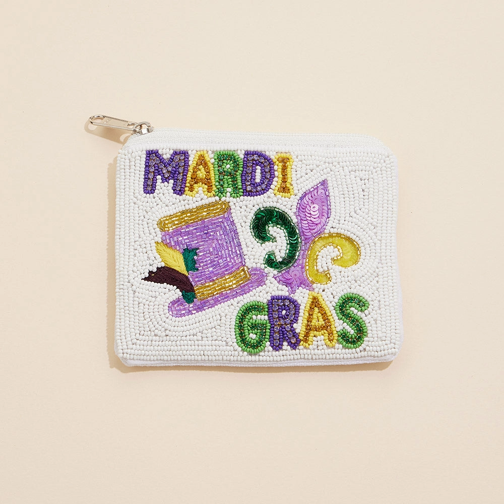 Daily Hot Deal Mardi Gras Message Fleur De Lis Hat Stone Seed Beaded Mini Pouch Bag