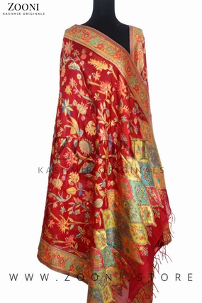 Limited Time Offer Superfine Kaani Jaamawar Silk Summer Shawl - Thunderbird Red And Gold