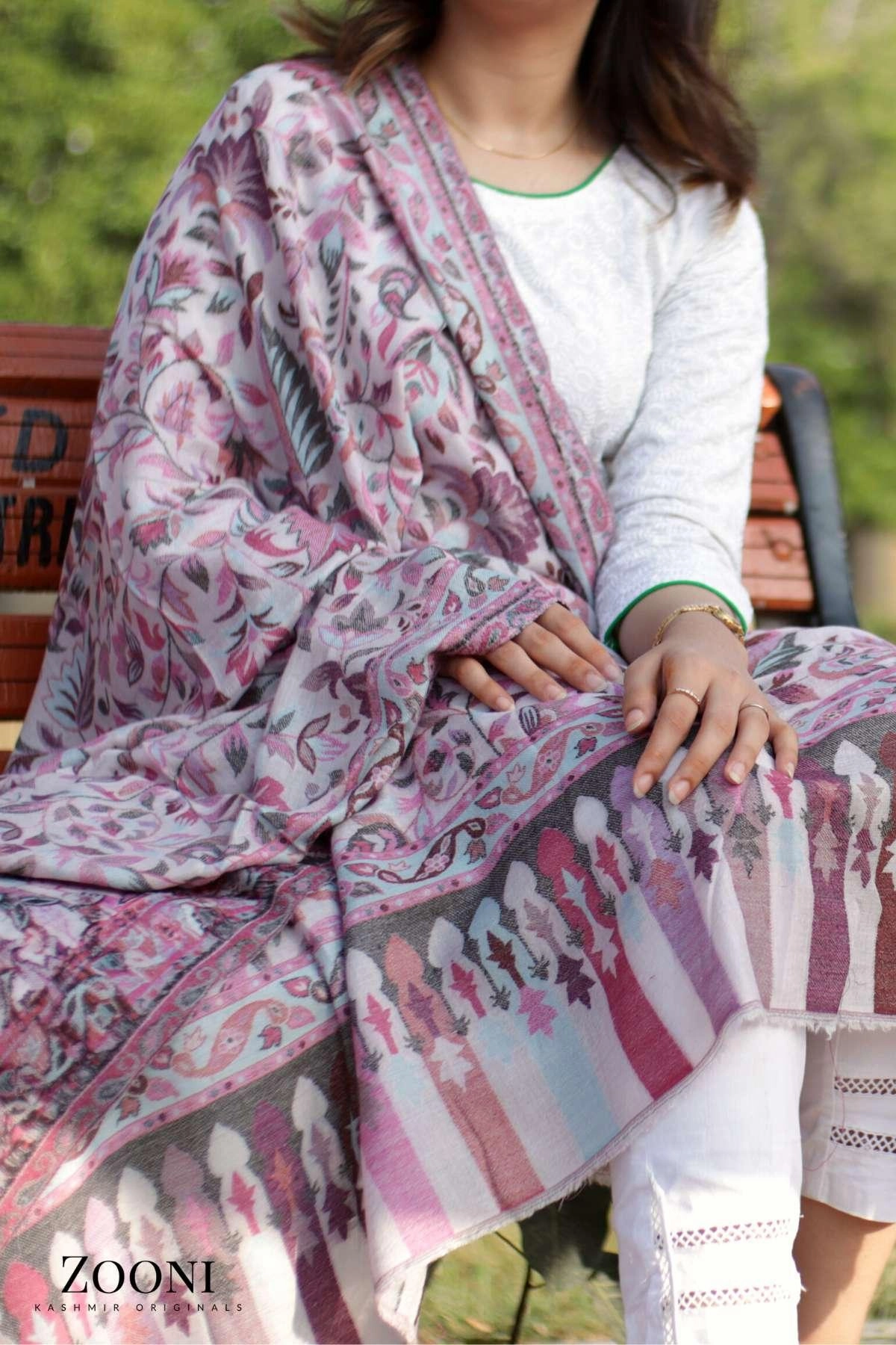 Grab It Now Superfine Pure Merino Kaani Jaamawar Shawl - Kashmiri Floral