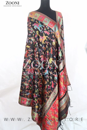 Superfine Kaani Jaamawar Silk Summer Shawl - Black Shikargah Mega Sale Now