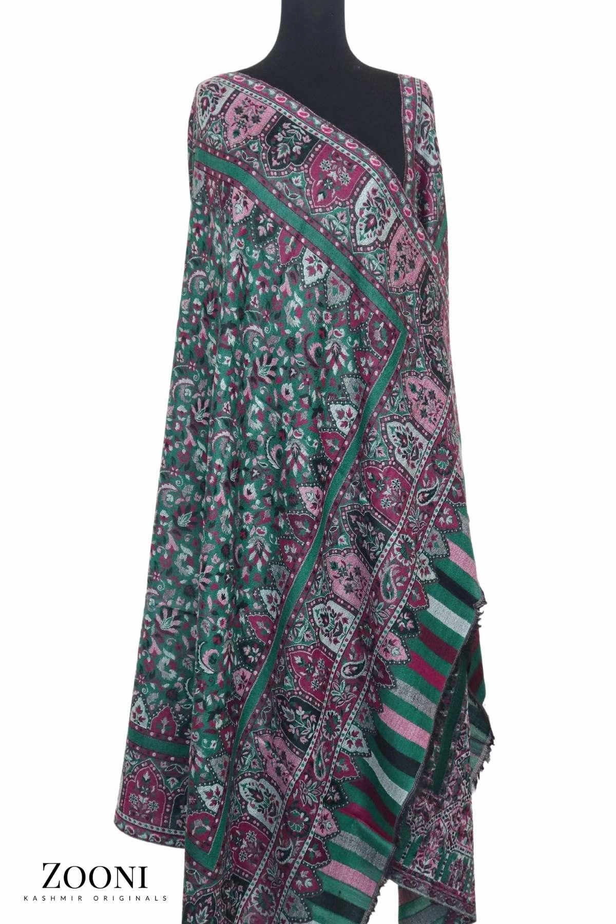 Daily Deal Frenzy Superfine Pure Merino Kaani Jaamawar Shawl - Casal Green Paisleys