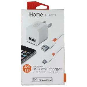 Save More Online Hot Item Clearance Ihome (12W) Power Usb Wall Charger With (5-Ft) Nylon 8-Pin Cable - White