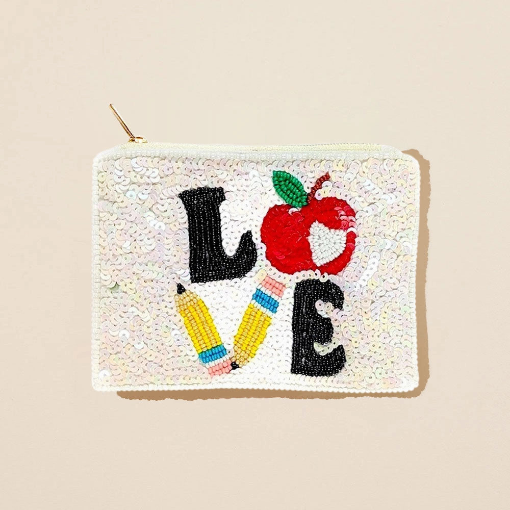 Weekend Specials Teacher Symbol Love Message Apple Pencil Seed Beaded Mini Pouch Bag
