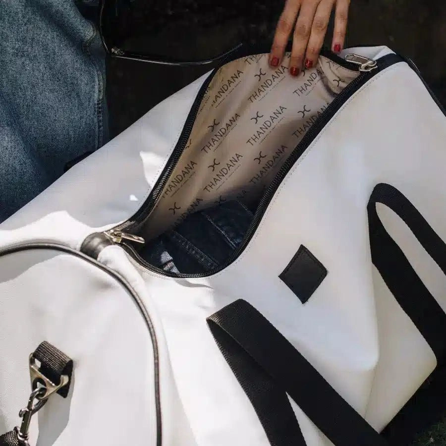 Thandana All Weather Duffel Bag | White Vinyl Price Drop Alert Clearance Event Alert