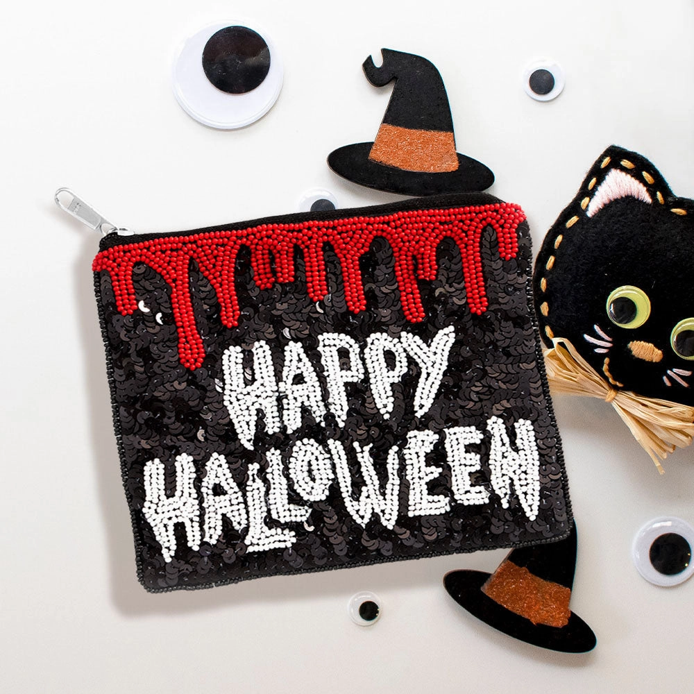 Special Online Offer Happy Halloween Message Sequin Beaded Mini Pouch Bag