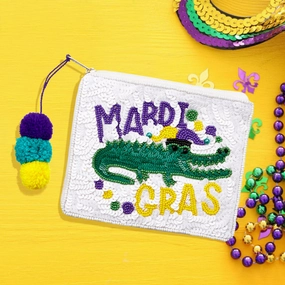 Sequin Seed Beaded Mardi Gras Message Alligator Pom Pom Mini Pouch Bag Clearance Steal Today Mega Discount Event