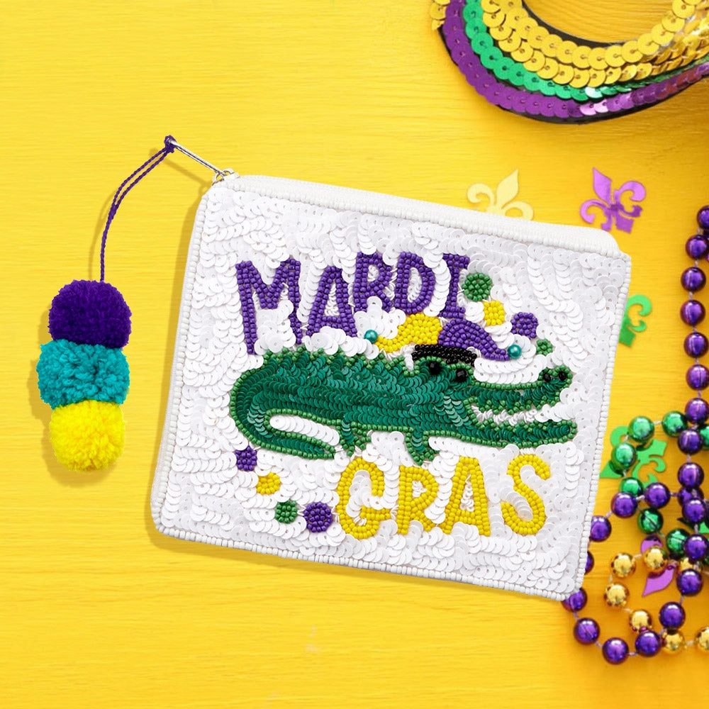 Sequin Seed Beaded Mardi Gras Message Alligator Pom Pom Mini Pouch Bag Clearance Steal Today Mega Discount Event